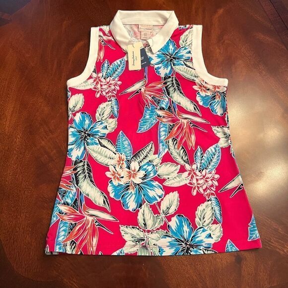 NWT Women's Tommy Bahama Pink Blue White Floral Golf Top Polo‎ Shirt Size SMALL - Picture 1 of 2